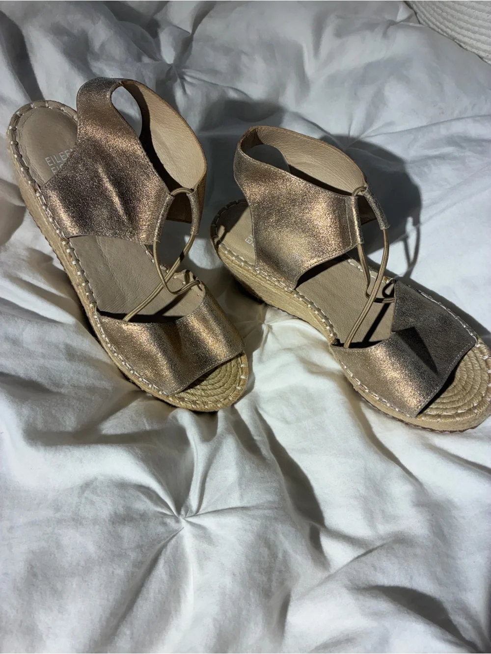 Eileen Fisher Metallic Gold leather Espadrille Wedge Slingbacks NWOT 8.5